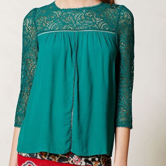 ANTHROPOLOGIE MOULINETTE SOEURS Lace Cloaked Blouse Sapphire Women’s Size 6 - Picture 1 of 12